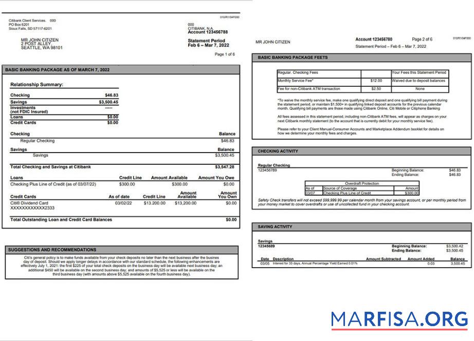 Downloadable Australia Citibank bank statement sample